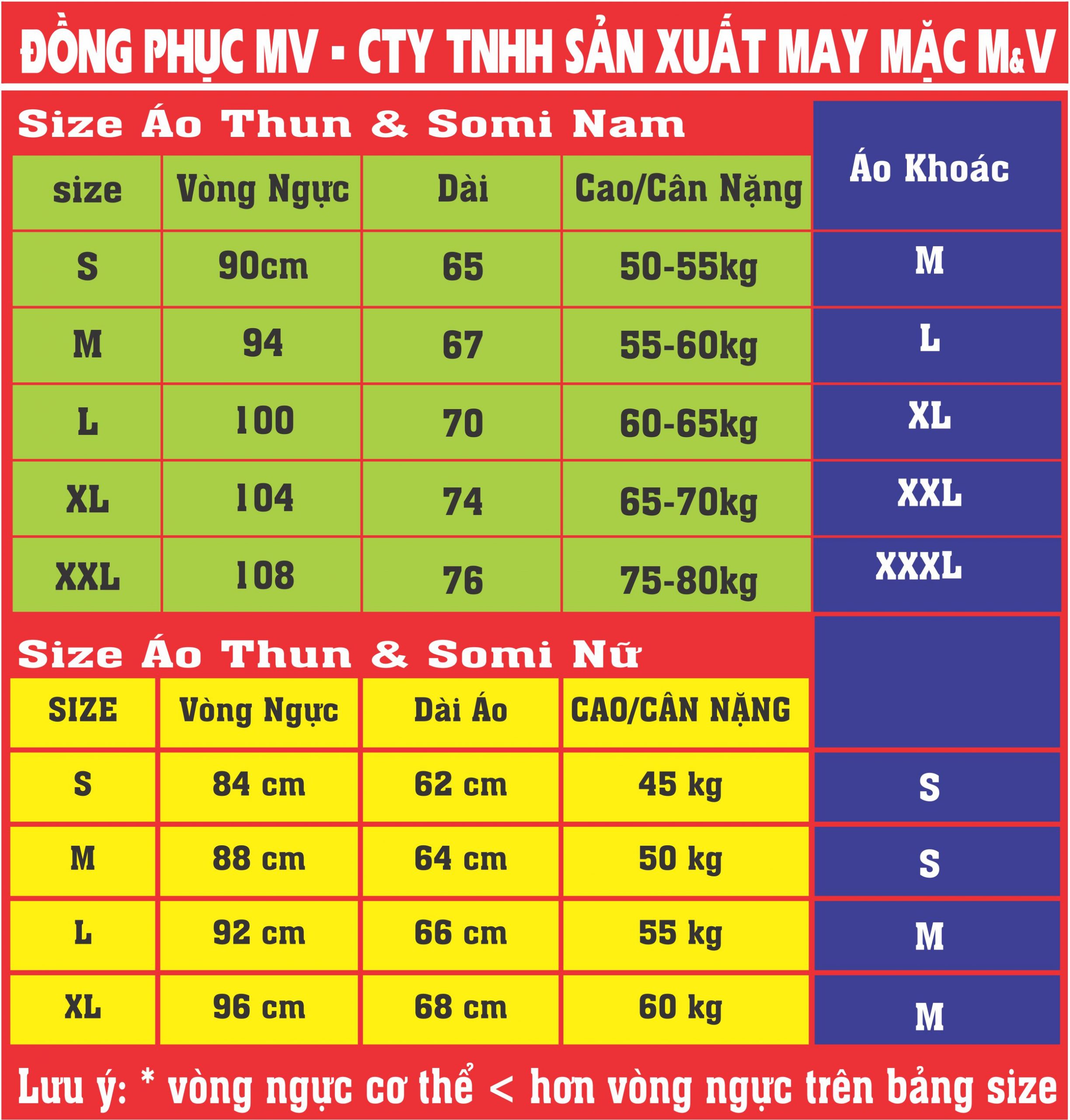 bang size áo đoàn thanh niên, áo khoá đoàn, áo thun đoàn