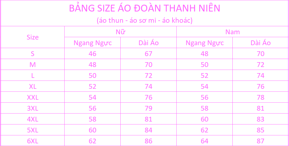 bảng size áo đoàn thanh niên nữ tay ngắn bảng size áo đoàn thanh niên 2024